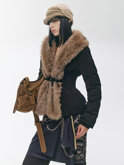 2th Desire Distressed Fur Trim Lapel Slim Fit Women&