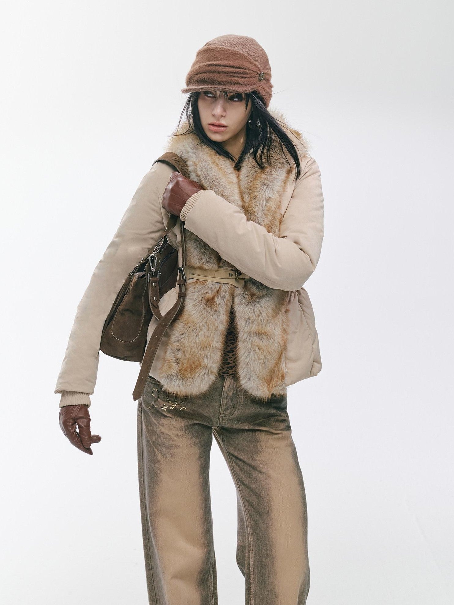 2th Desire Distressed Fur Trim Lapel Slim Fit Women&