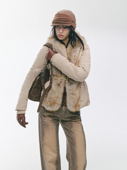 2th Desire Distressed Fur Trim Lapel Slim Fit Women&