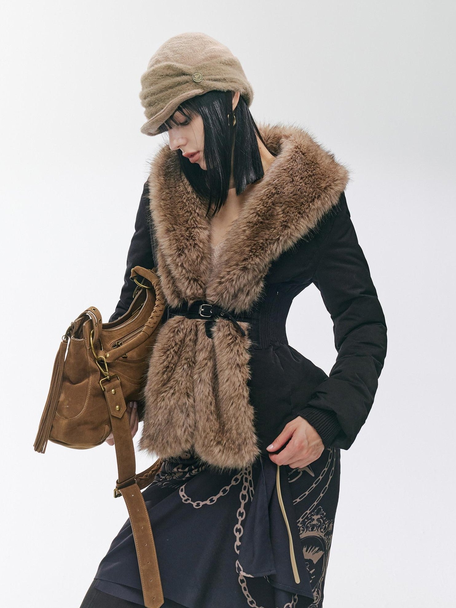 2th Desire Distressed Fur Trim Lapel Slim Fit Women&