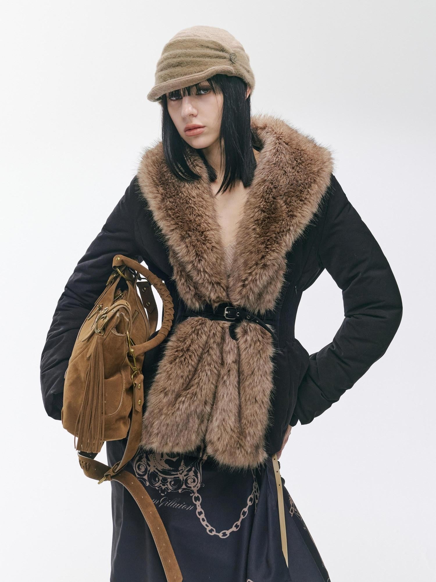2th Desire Distressed Fur Trim Lapel Slim Fit Women&
