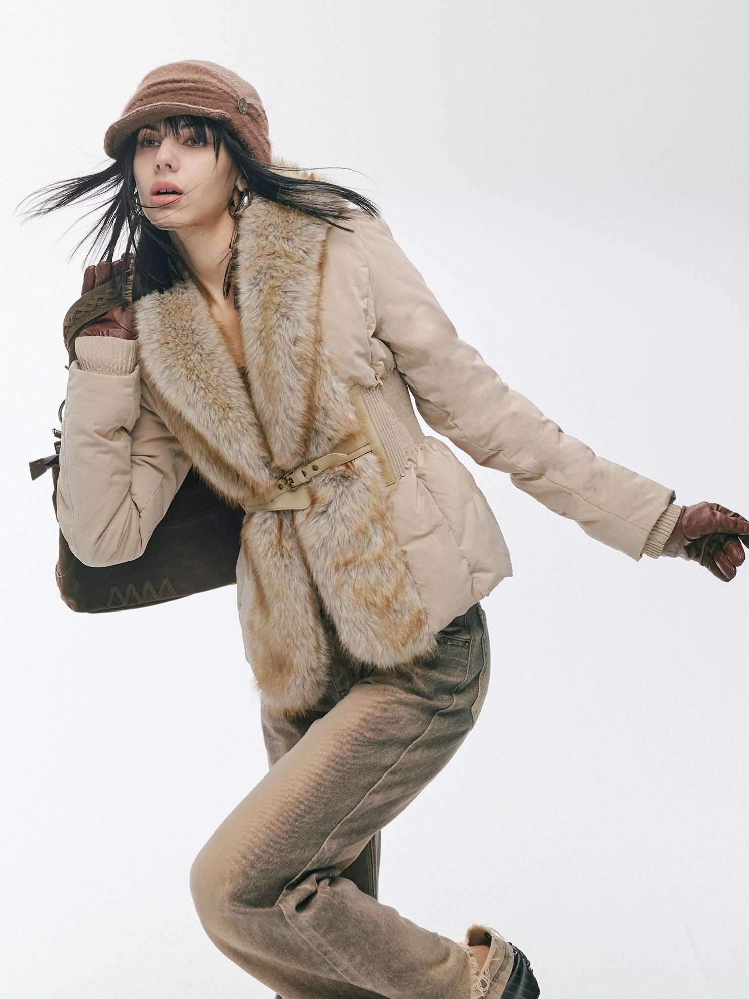 2th Desire Distressed Fur Trim Lapel Slim Fit Women&