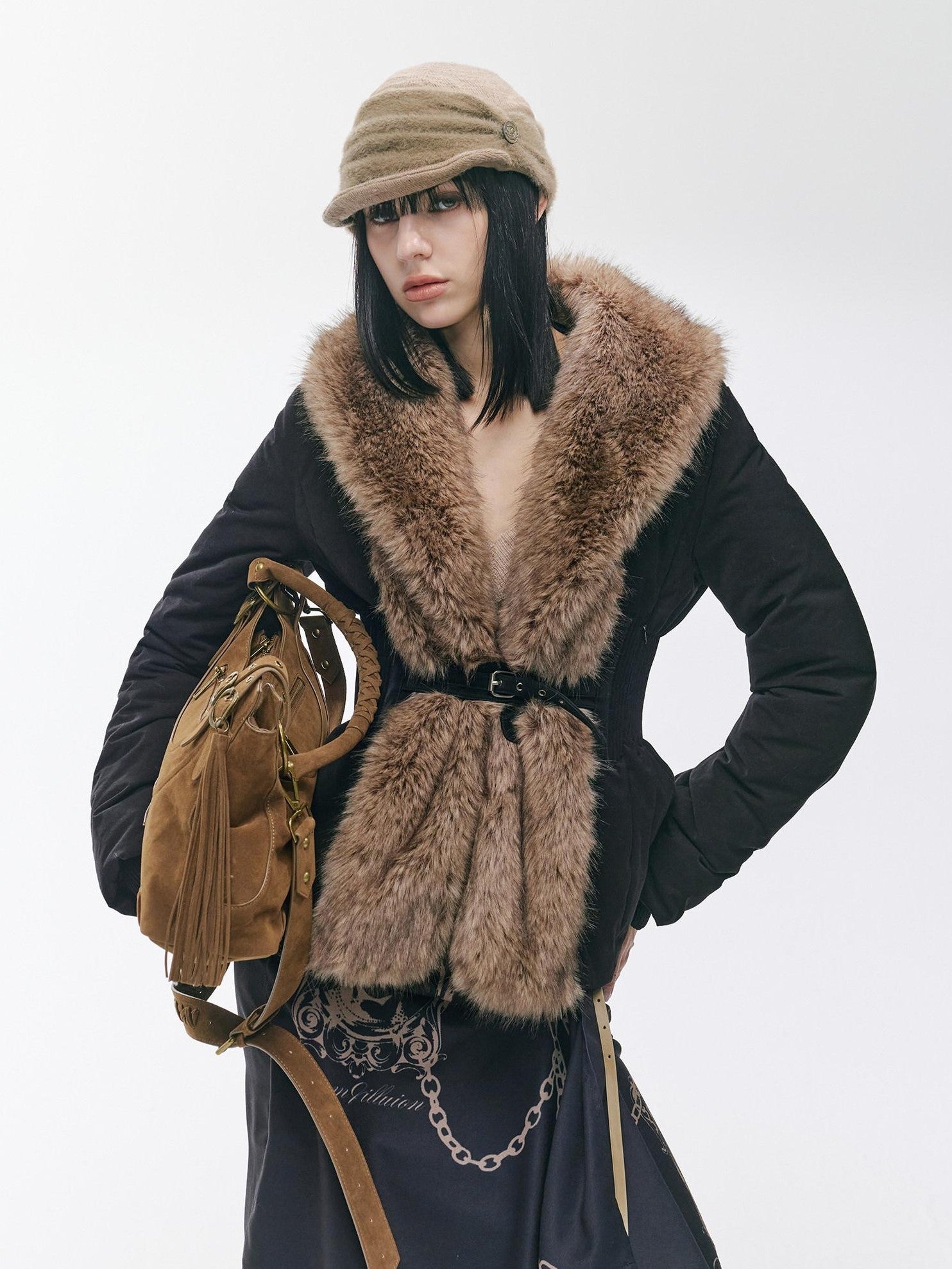2th Desire Distressed Fur Trim Lapel Slim Fit Women&