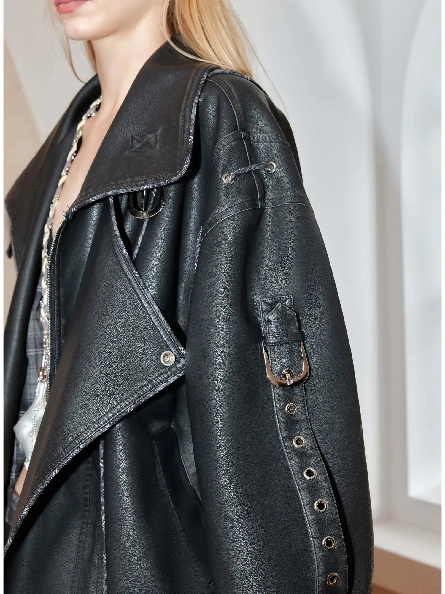 Distressed Leather Plaid Paneled Biker Skirt