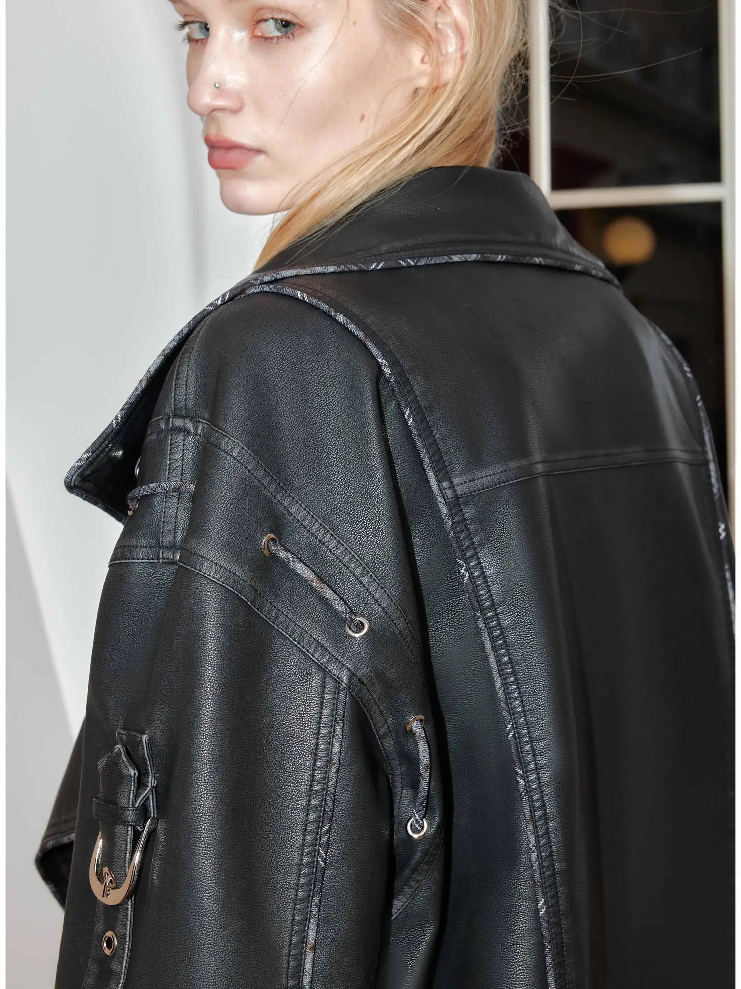 Distressed Leather Plaid Paneled Biker Skirt