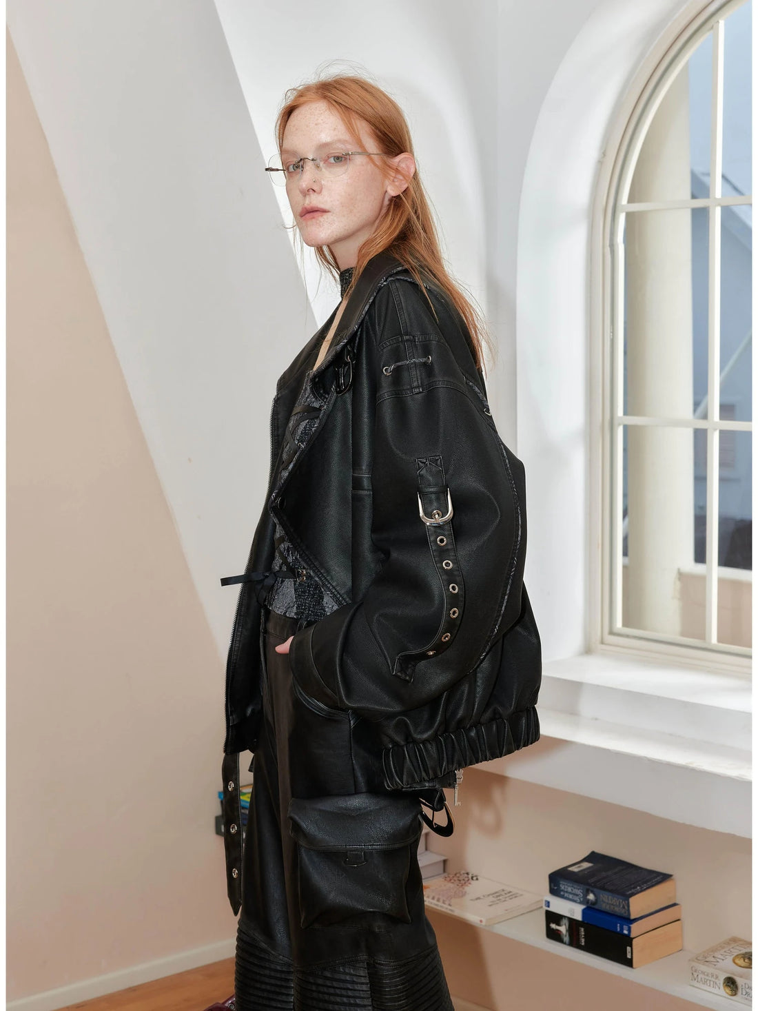 Distressed Leather Plaid Paneled Biker Skirt