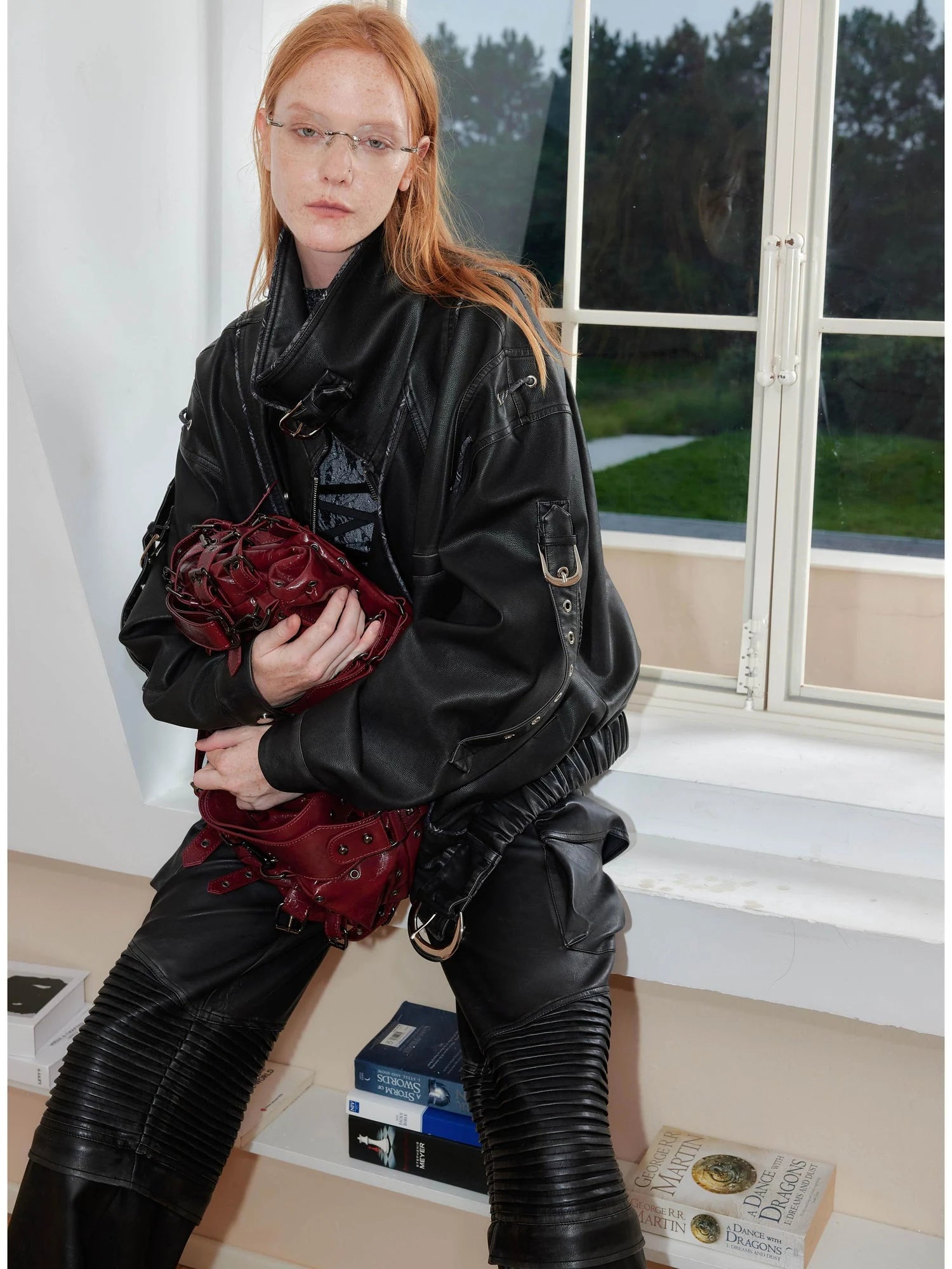 Distressed Leather Plaid Paneled Biker Skirt