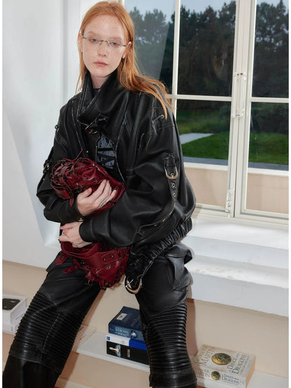 Distressed Leather Plaid Paneled Biker Skirt