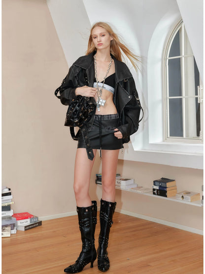 Distressed Leather Plaid Paneled Biker Skirt