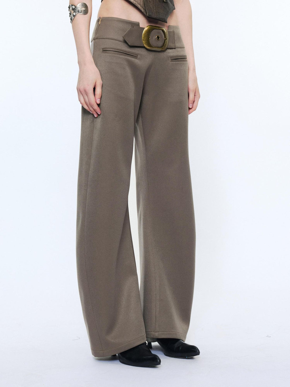2th Desire Distressed Punk Low Rise Curved Leg Ladies Polyester Slim Chinos