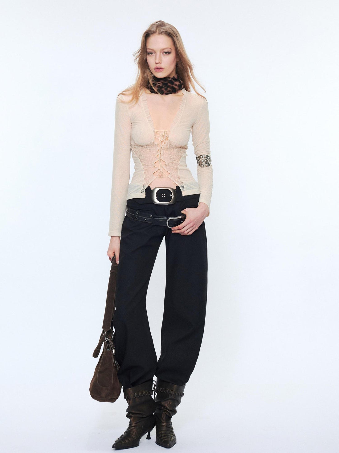 2th Desire Distressed Punk Low Rise Curved Leg Ladies Polyester Slim Chinos