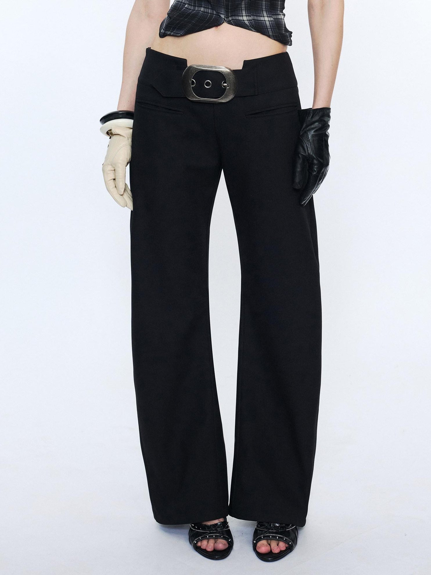 2th Desire Distressed Punk Low Rise Curved Leg Ladies Polyester Slim Chinos