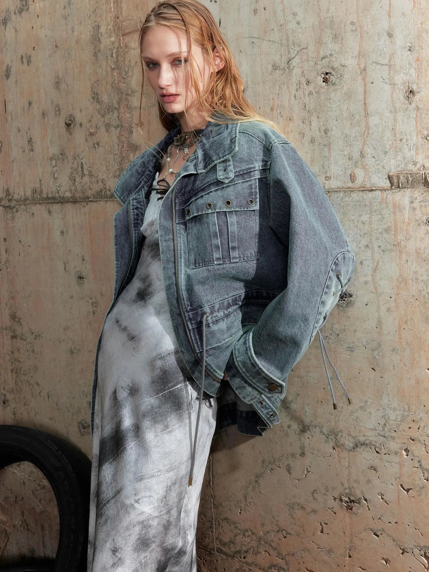 2th Desire Distressed Relaxed Fit Zip Front Lapel Collar Long Sleeve Women Pockets Jacket