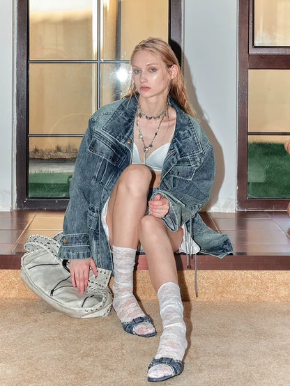 2th Desire Distressed Relaxed Fit Zip Front Lapel Collar Long Sleeve Women Pockets Jacket