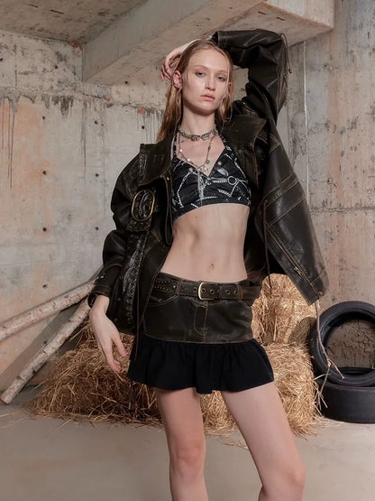 2th Desire Distressed Relaxed Fit Zip Front Lapel Collar Long Sleeve Women Pockets Jacket