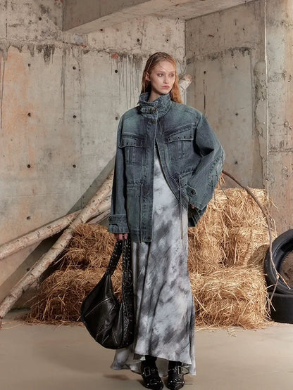 2th Desire Distressed Relaxed Fit Zip Front Lapel Collar Long Sleeve Women Pockets Jacket