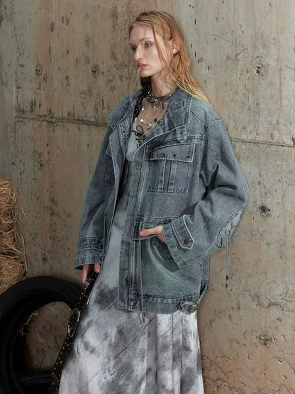 2th Desire Distressed Relaxed Fit Zip Front Lapel Collar Long Sleeve Women Pockets Jacket