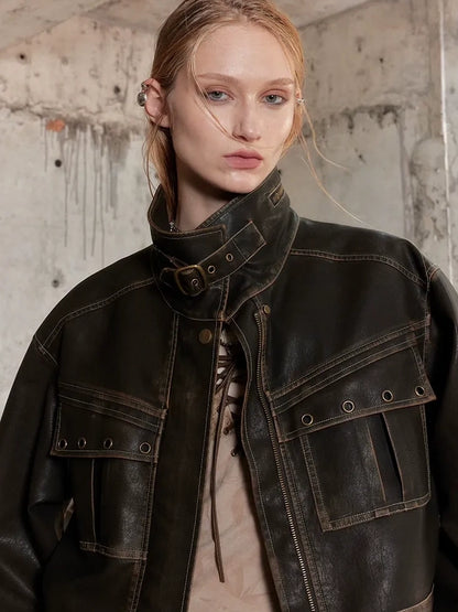 2th Desire Distressed Relaxed Fit Zip Front Lapel Collar Long Sleeve Women Pockets Jacket