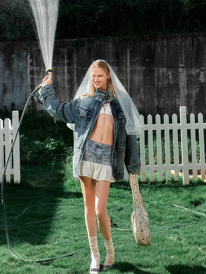 2th Desire Distressed Relaxed Fit Zip Front Lapel Collar Long Sleeve Women Pockets Jacket