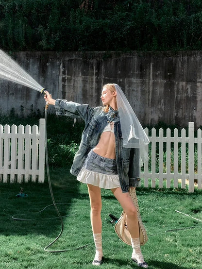 2th Desire Distressed Relaxed Fit Zip Front Lapel Collar Long Sleeve Women Pockets Jacket