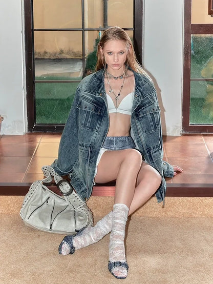 2th Desire Distressed Relaxed Fit Zip Front Lapel Collar Long Sleeve Women Pockets Jacket