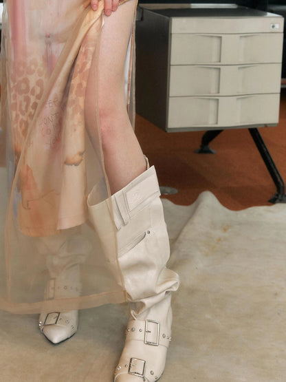 Distressed Stacked Knee High Wide Cuff Boots