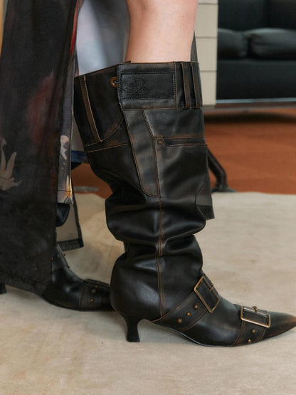Distressed Stacked Knee High Wide Cuff Boots