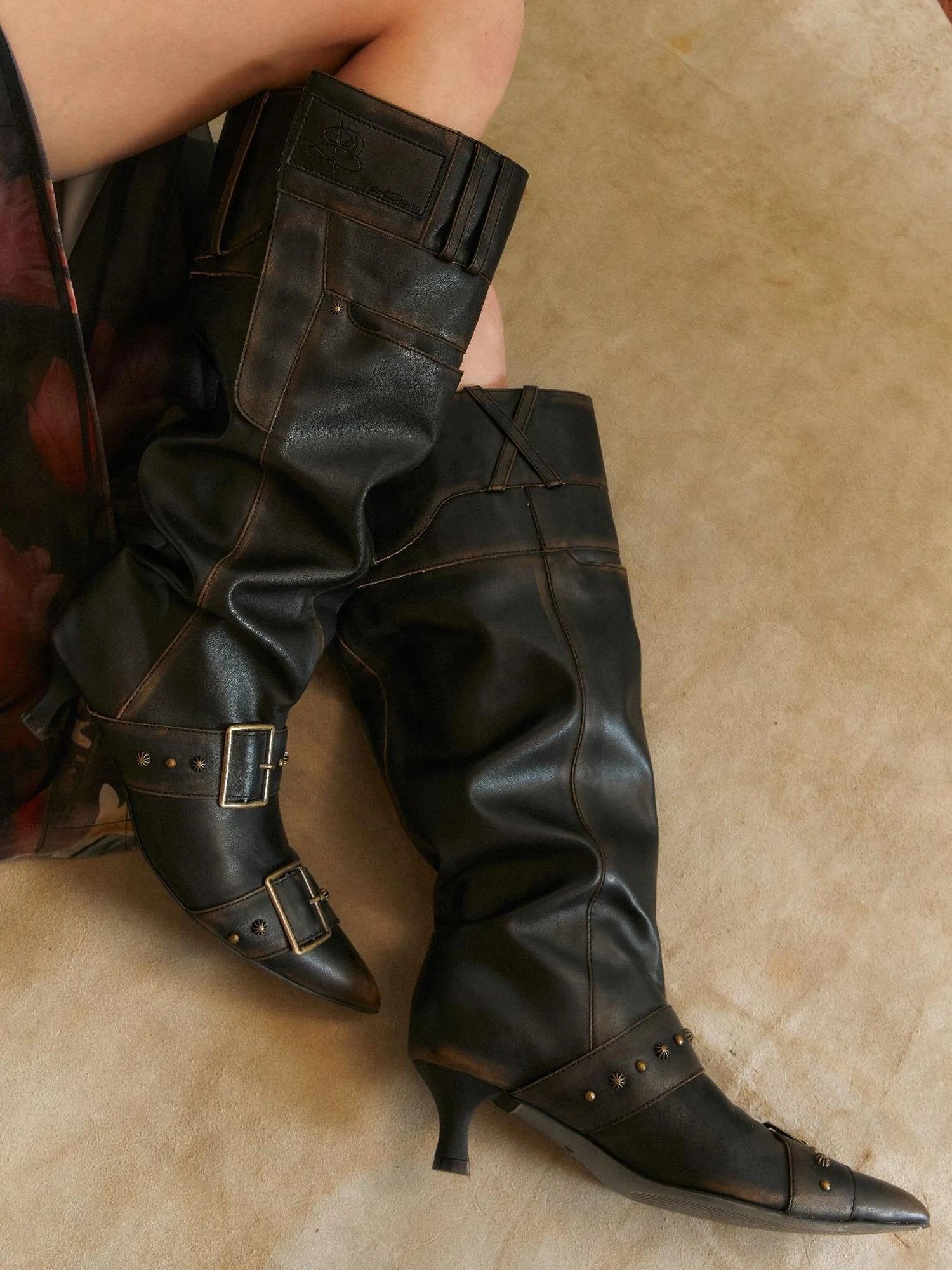 Distressed Stacked Knee High Wide Cuff Boots
