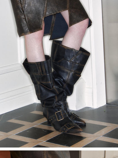 2th Desire Distressed Stacked Knee High Wide Cuff Boots