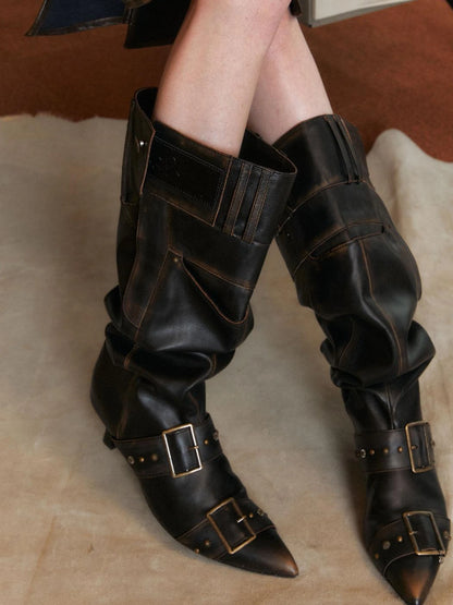 Distressed Stacked Knee High Wide Cuff Boots