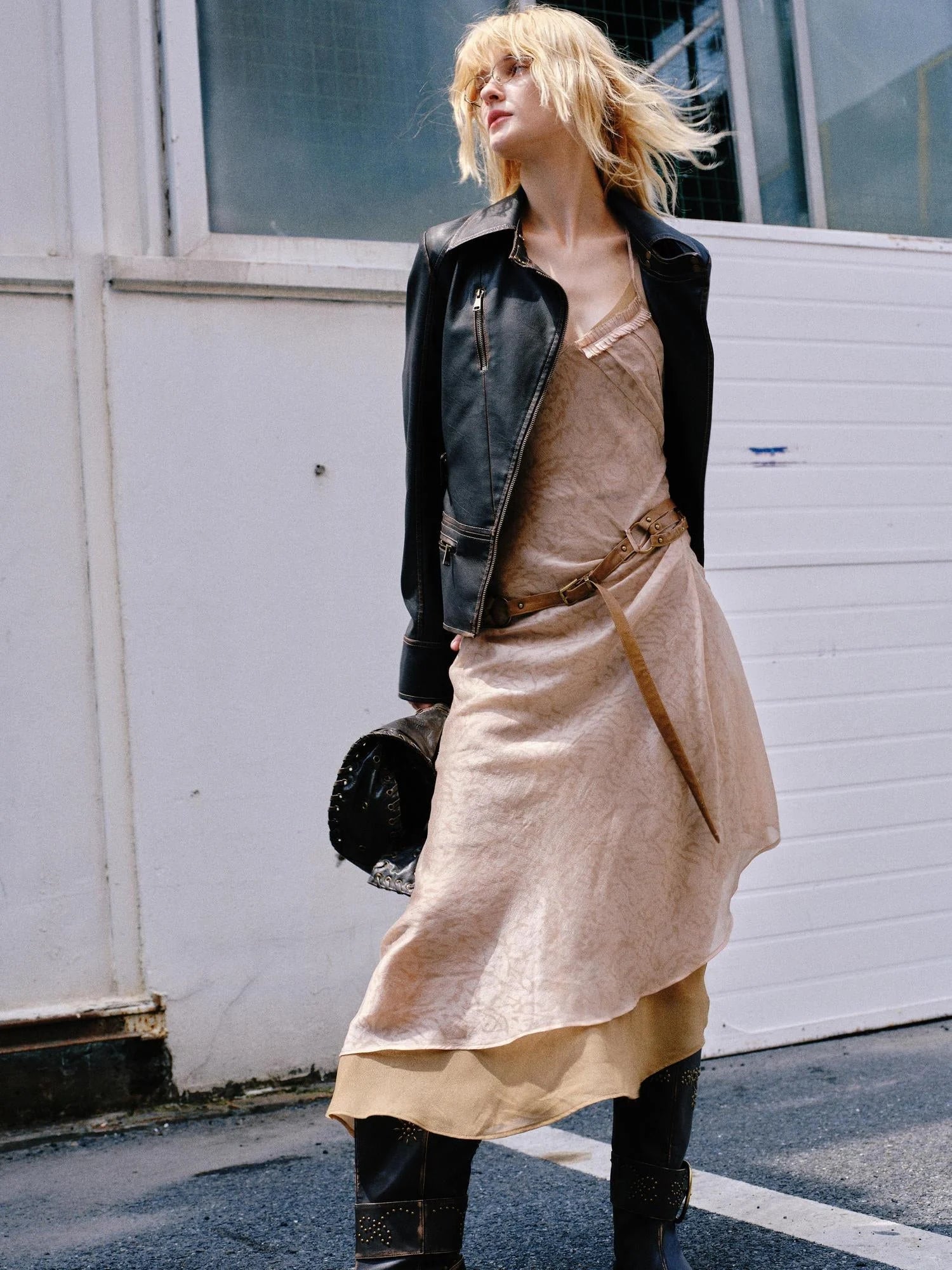 Double Layer Irregular Hem Adjustable Strap Long Dress With Detachable Belt