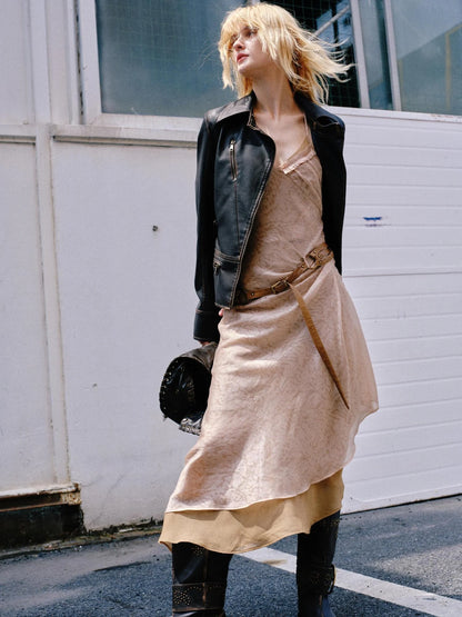 Double Layer Irregular Hem Adjustable Strap Long Dress With Detachable Belt