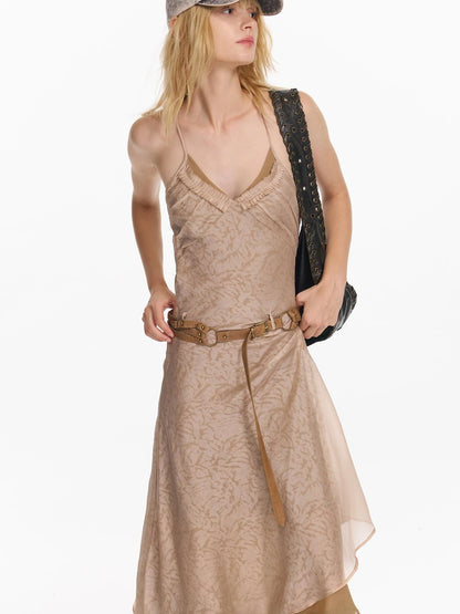 Double Layer Irregular Hem Adjustable Strap Long Dress With Detachable Belt
