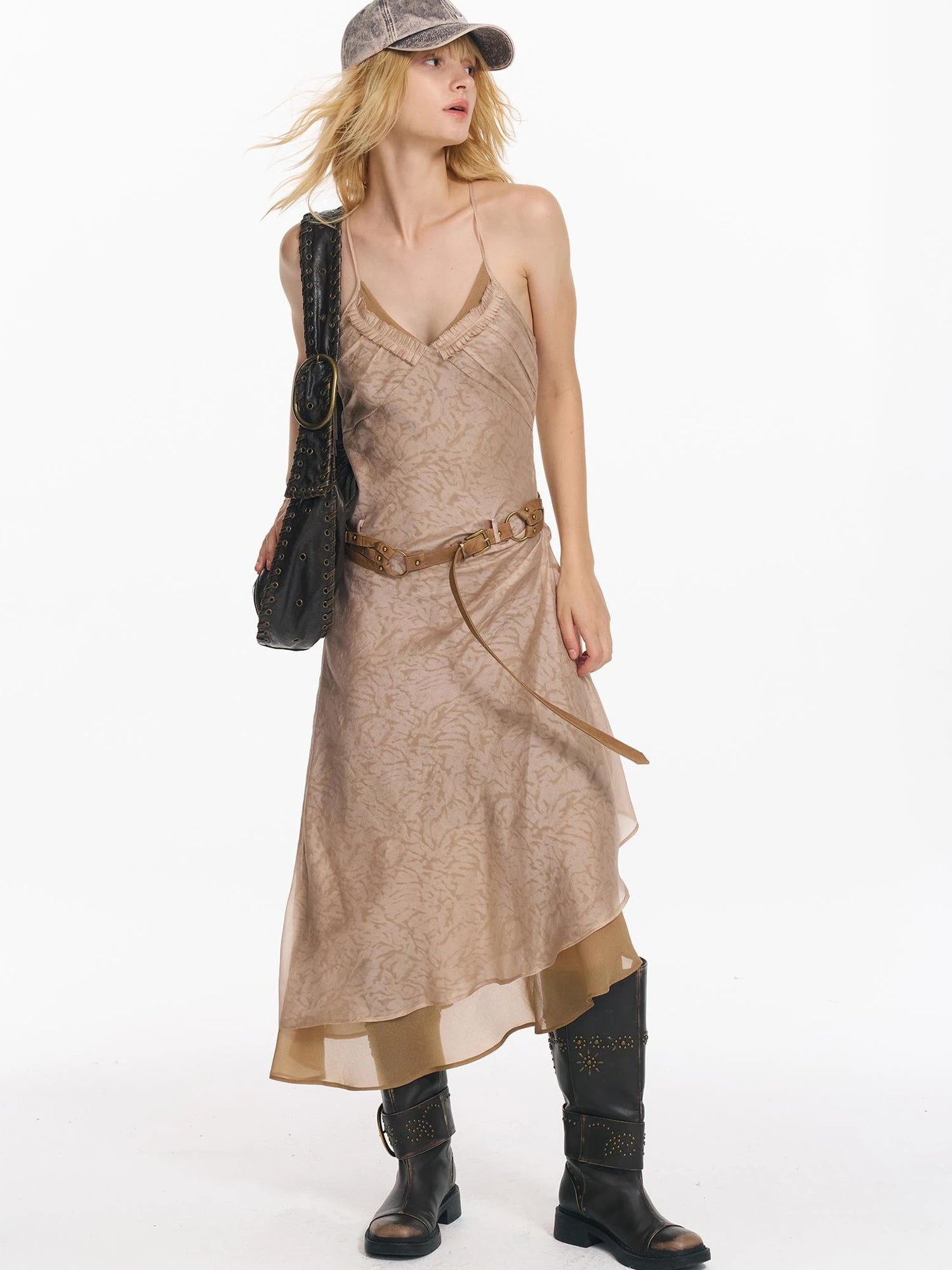 Double Layer Irregular Hem Adjustable Strap Long Dress With Detachable Belt