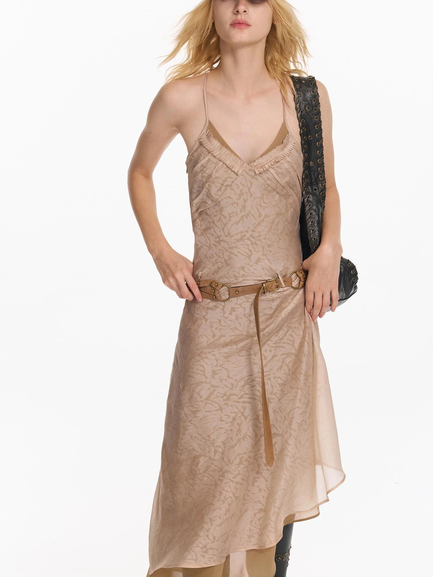 Double Layer Irregular Hem Adjustable Strap Long Dress With Detachable Belt