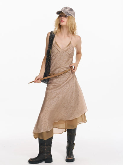 Double Layer Irregular Hem Adjustable Strap Long Dress With Detachable Belt