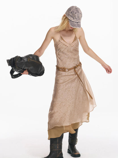 Double Layer Irregular Hem Adjustable Strap Long Dress With Detachable Belt