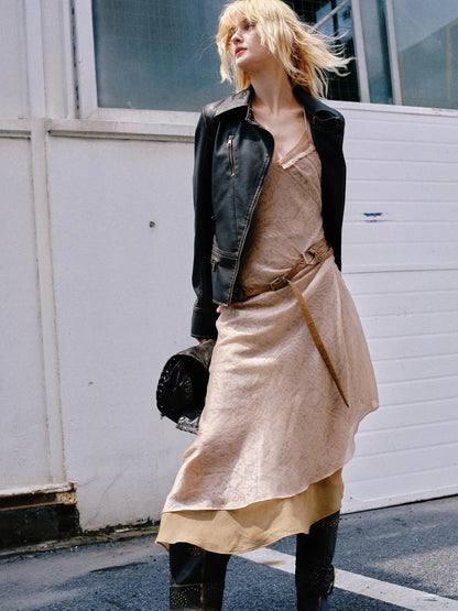 Double Layer Irregular Hem Adjustable Strap Long Dress With Detachable Belt