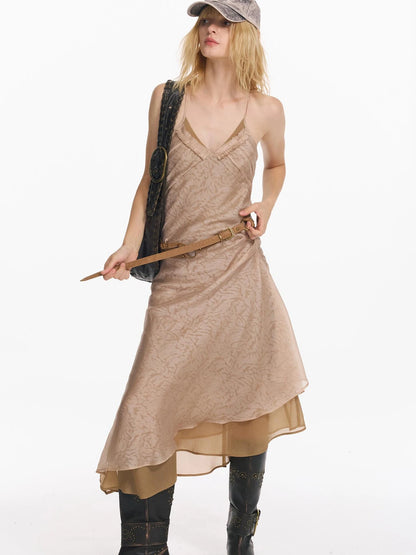Double Layer Irregular Hem Adjustable Strap Long Dress With Detachable Belt