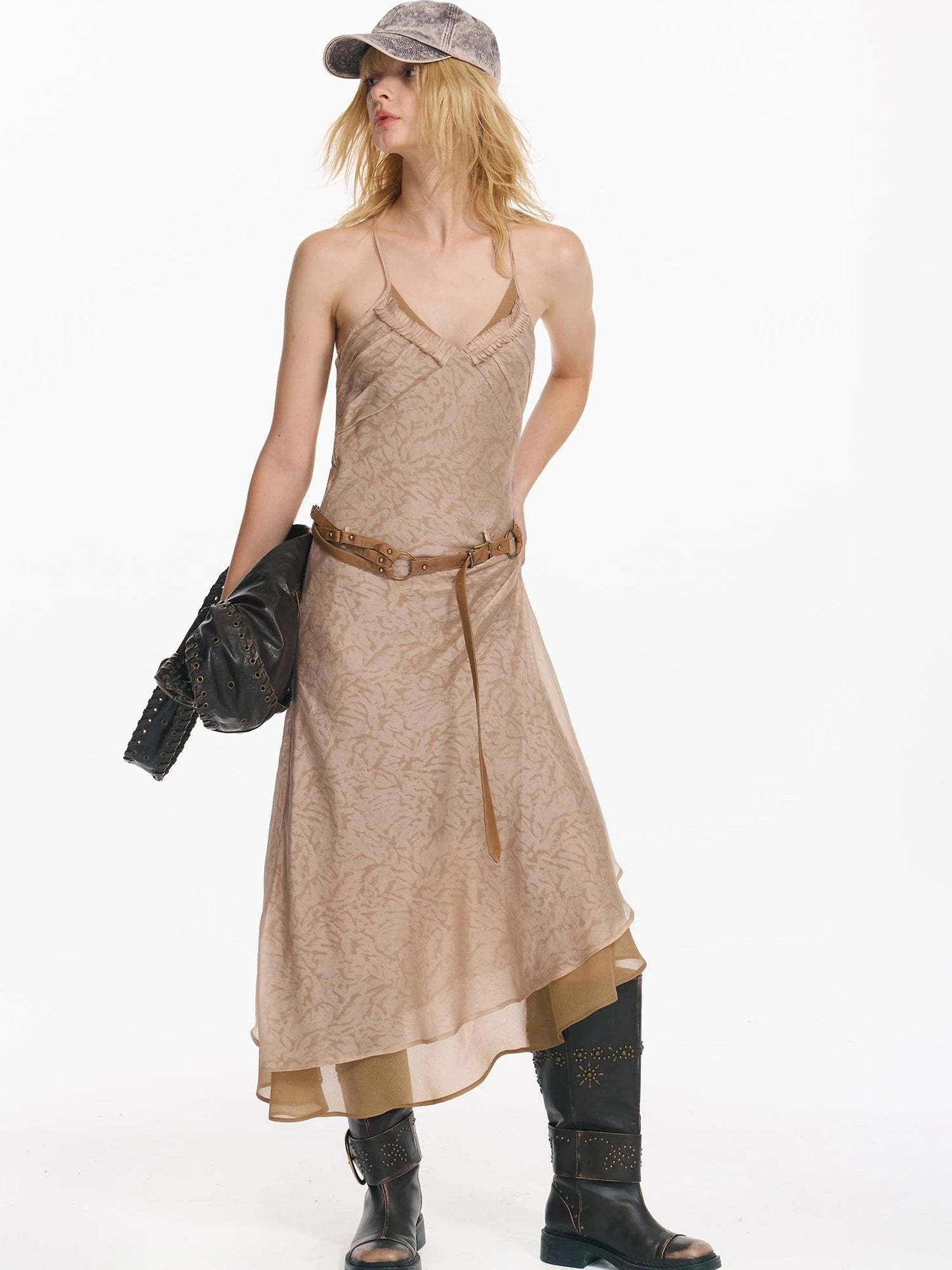 Double Layer Irregular Hem Adjustable Strap Long Dress With Detachable Belt
