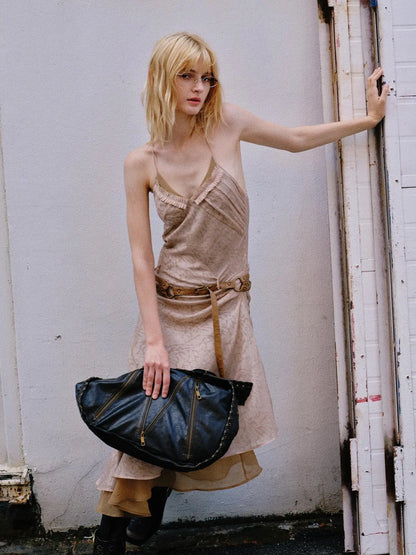 Double Layer Irregular Hem Adjustable Strap Long Dress With Detachable Belt