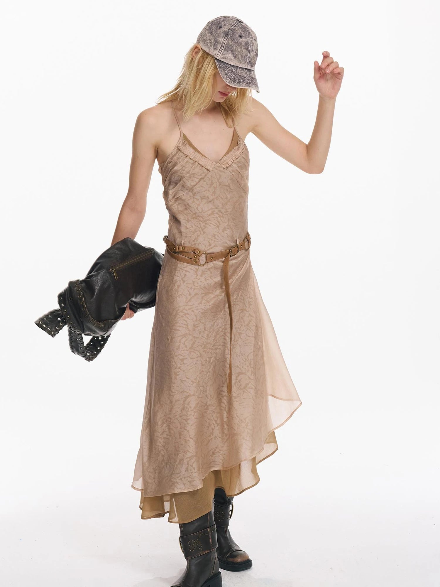 Double Layer Irregular Hem Adjustable Strap Long Dress With Detachable Belt