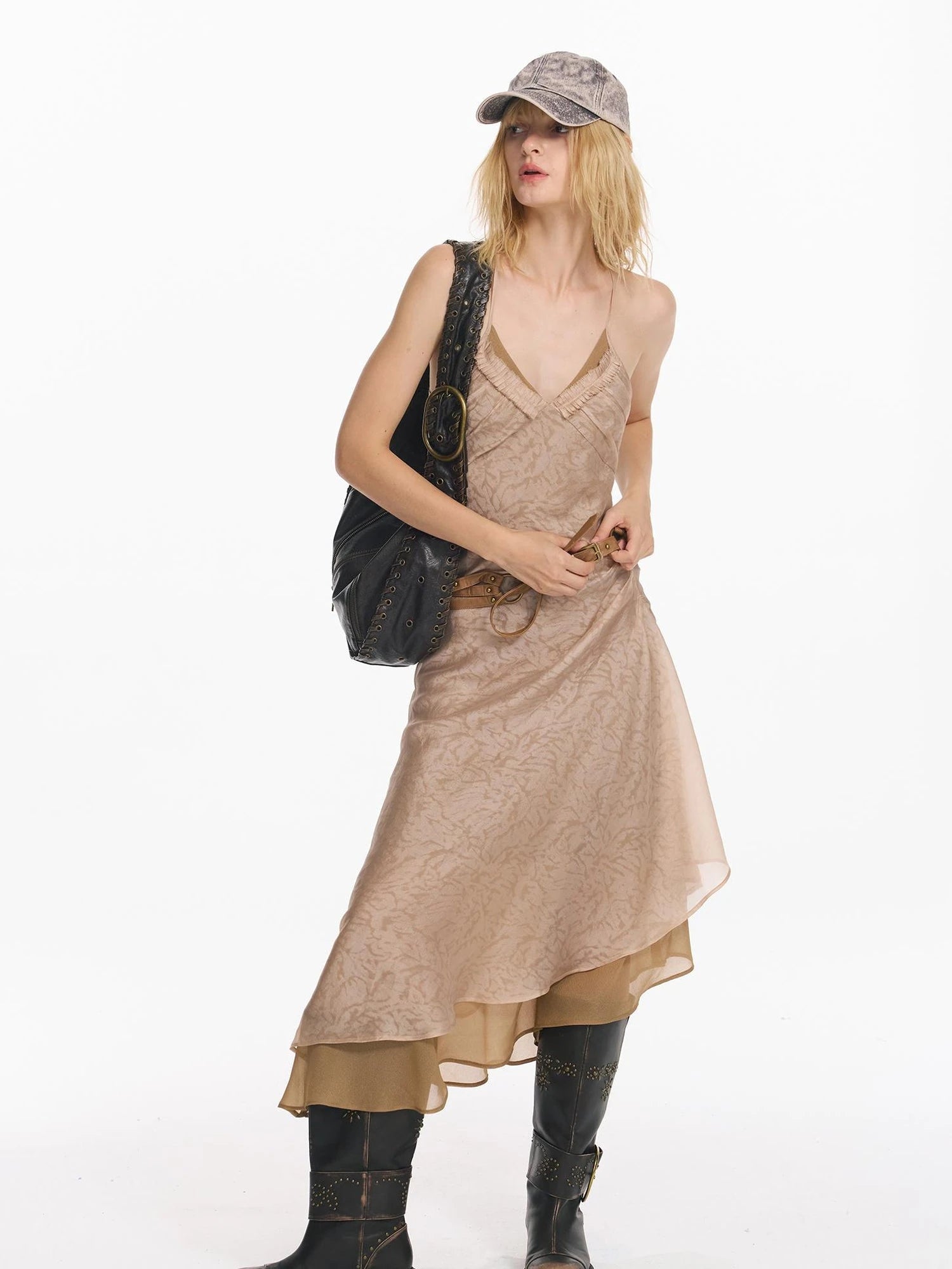Double Layer Irregular Hem Adjustable Strap Long Dress With Detachable Belt