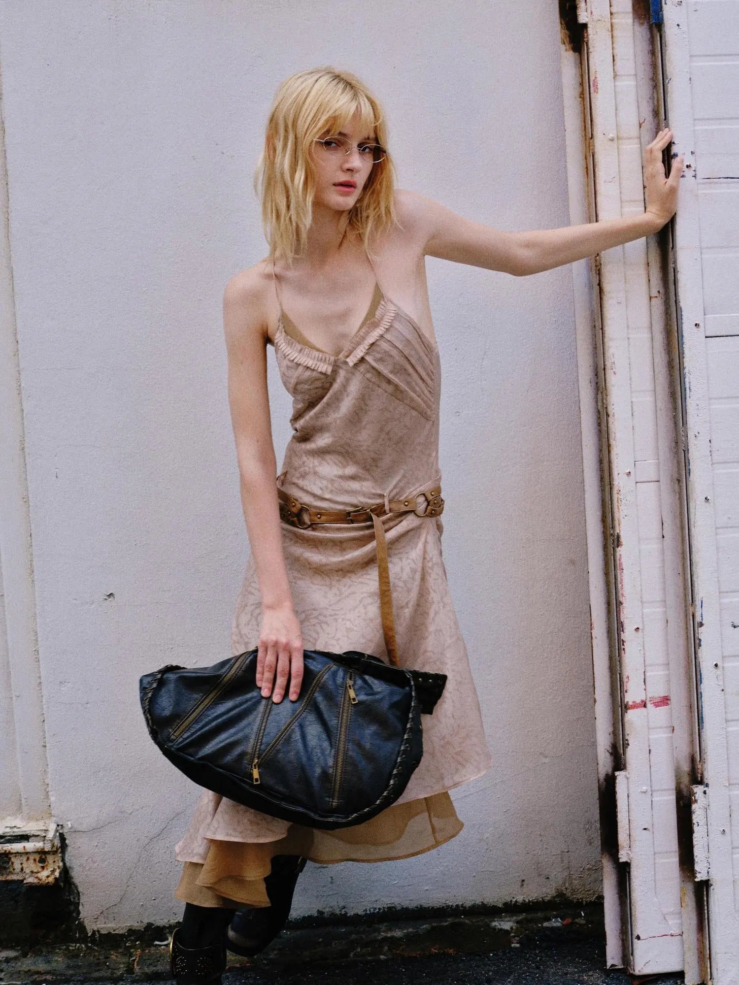 Double Layer Irregular Hem Adjustable Strap Long Dress With Detachable Belt
