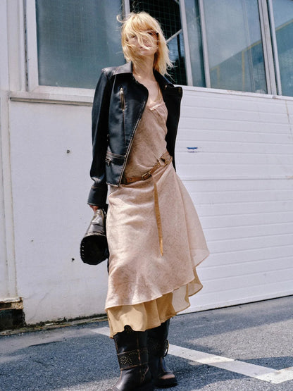 Double Layer Irregular Hem Adjustable Strap Long Dress With Detachable Belt