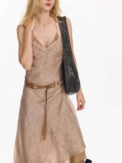 Double Layer Irregular Hem Adjustable Strap Long Dress With Detachable Belt