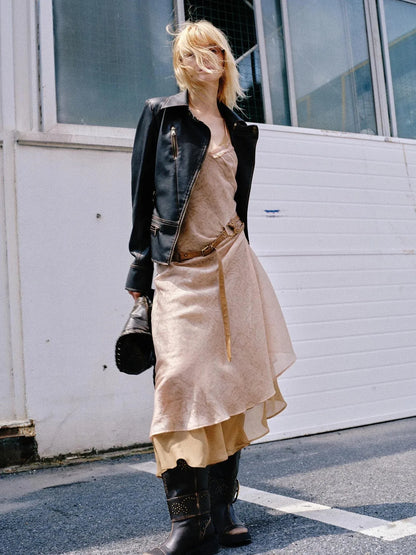 Double Layer Irregular Hem Adjustable Strap Long Dress With Detachable Belt