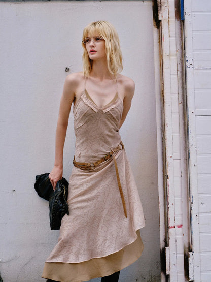 Double Layer Irregular Hem Adjustable Strap Long Dress With Detachable Belt