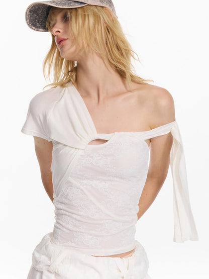 Double Layer Lace Spliced Deconstructed Wrap Slim Soft T-Shirt