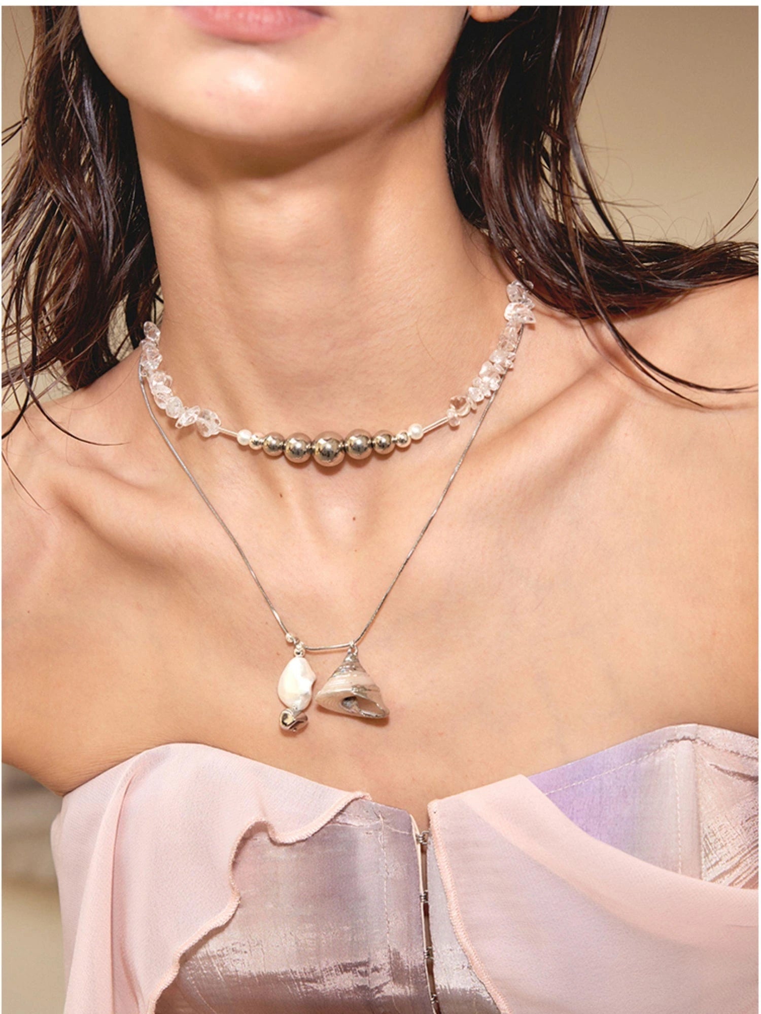 Double Layer Shell Crystal Beaded Necklace